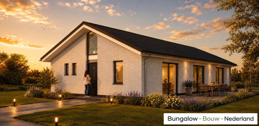 Onderhoudsarme gelijkvloerse bungalow met licht hellend dak en gestuukte gevel met houten accenten als bekleding