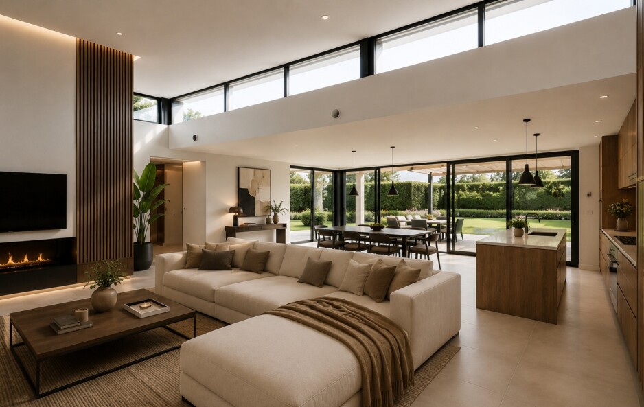 Lichte woonkamer met moderne inrichting in een gelijkvloerse zorgwoning