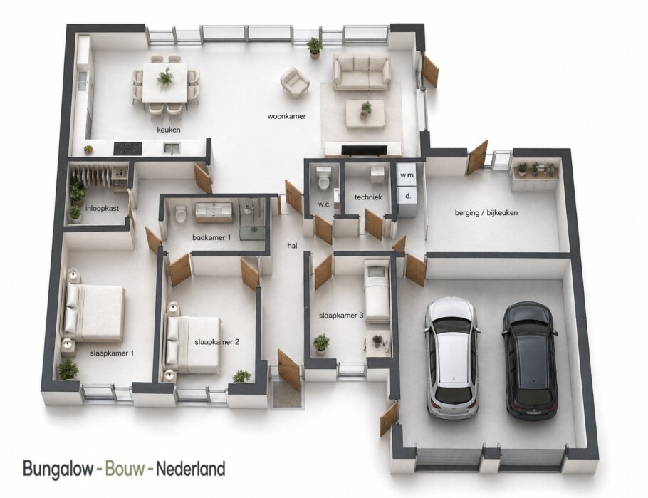plattegrond en indeling bungalow L-169 met plat dak en garage | BungalowBouwNederland
