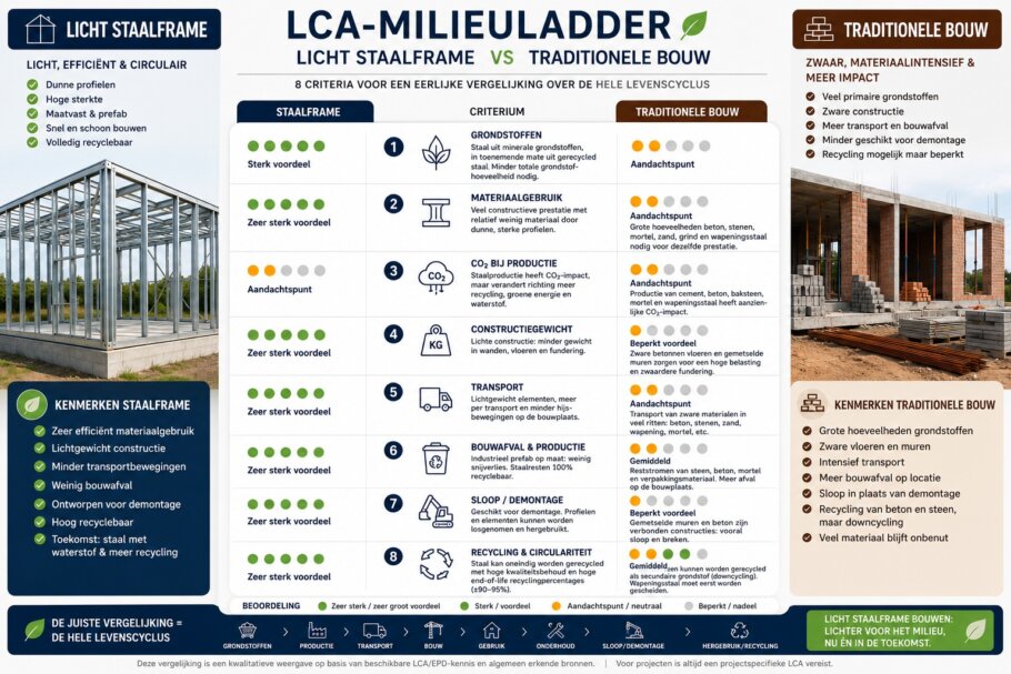 LCA vergelijking milieu-impact licht staalframebouw versus traditionele bouw met beton en metselwerk