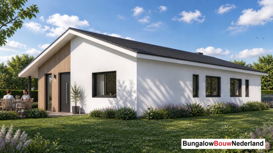 Moderne levensloopbestendige bungalow LK-136 met strakke architectuur, grote raampartijen en energiezuinige staalframebouw uitvoering