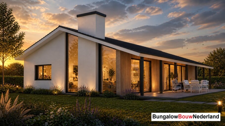 Moderne levensloopbestendige bungalow LK-136 met strakke architectuur, grote raampartijen en energiezuinige staalframebouw uitvoering