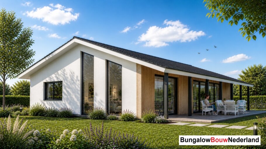 Moderne levensloopbestendige bungalow LK-136 met strakke architectuur, grote raampartijen en energiezuinige staalframebouw uitvoering