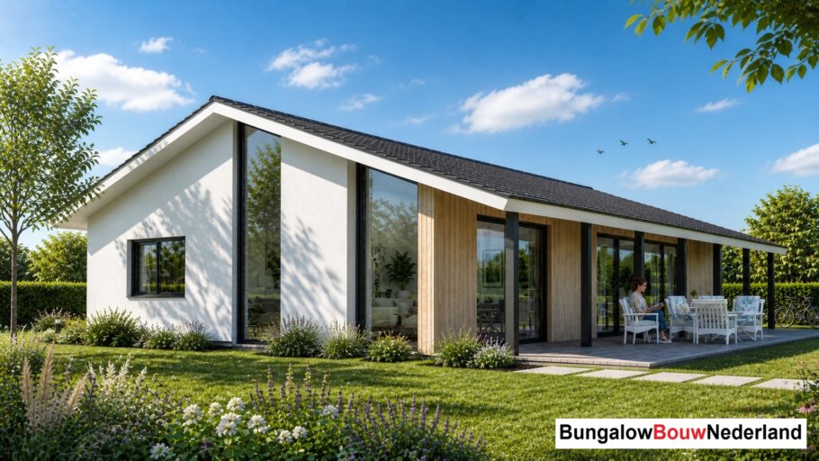 Moderne levensloopbestendige bungalow LK-136 met strakke architectuur, grote raampartijen en energiezuinige staalframebouw uitvoering