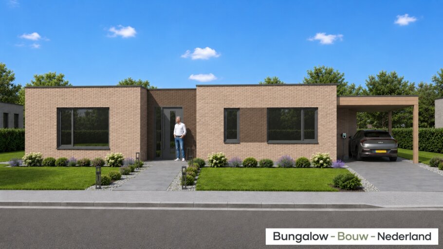 Moderne gelijkvloerse bungalow van 118 m2 met plat dak L-180 met grote glaspartijen en levensloopbestendige indeling