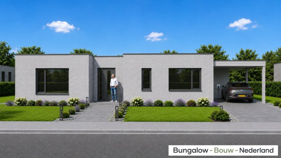 Moderne gelijkvloerse bungalow van 118 m2 met plat dak L-180 met grote glaspartijen en levensloopbestendige indeling