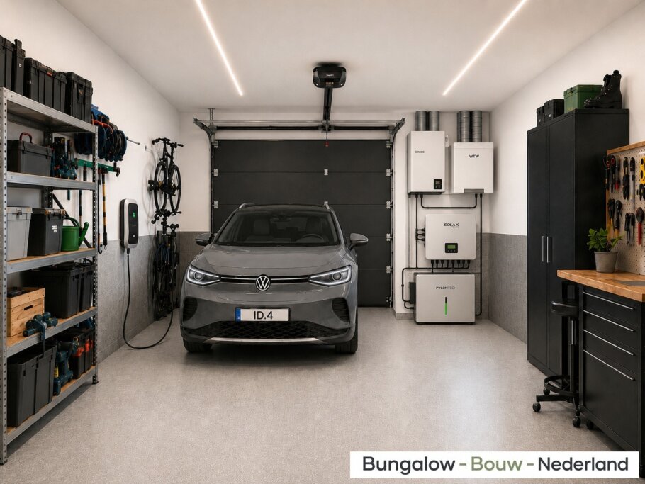 Modern interieur van gelijkvloerse woning A-82 met woonkamer, leefkeuken, slaapkamer en grote glaspartijen