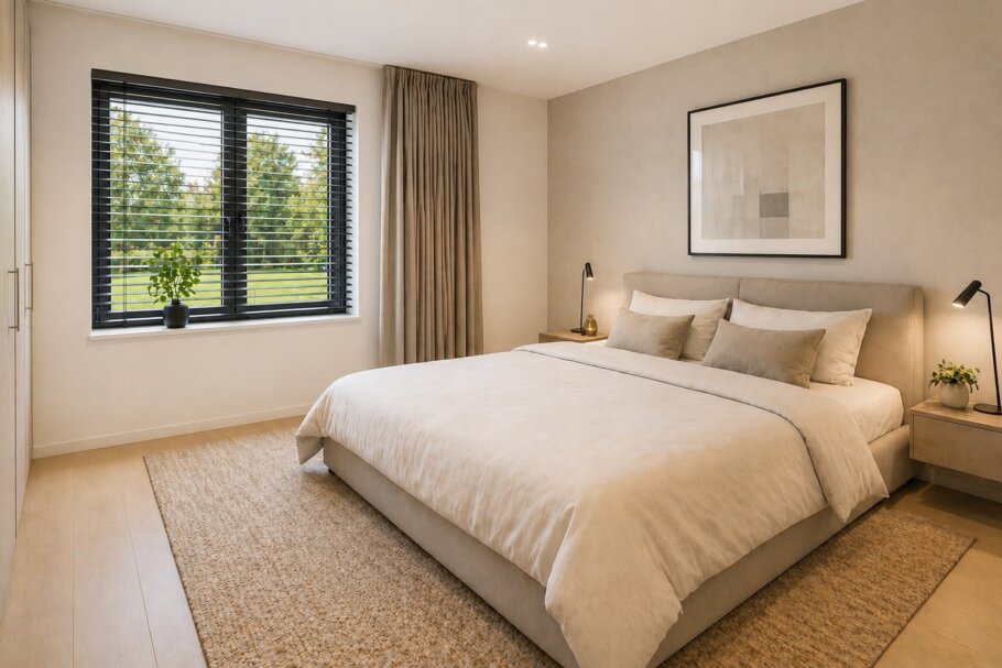 Modern interieur van een gelijkvloerse bungalow met leefkeuken en grote raampartijen
