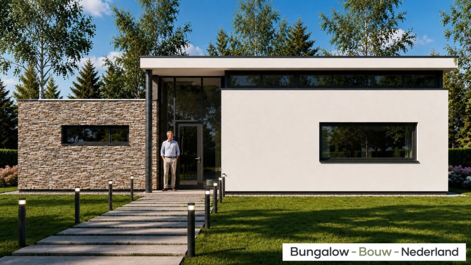 Bungalowbouw-Nederland B155 gelijksvloers modern hoog plafond veel glas energieneutraal