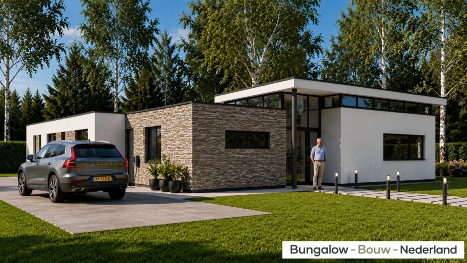 Bungalowbouw-Nederland B155 gelijksvloers modern hoog plafond veel glas energieneutraal
