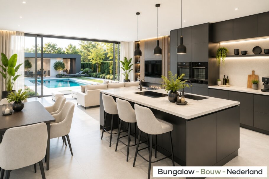 Modern interieur van gelijkvloerse woning A-82 met woonkamer, leefkeuken, slaapkamer en grote glaspartijen