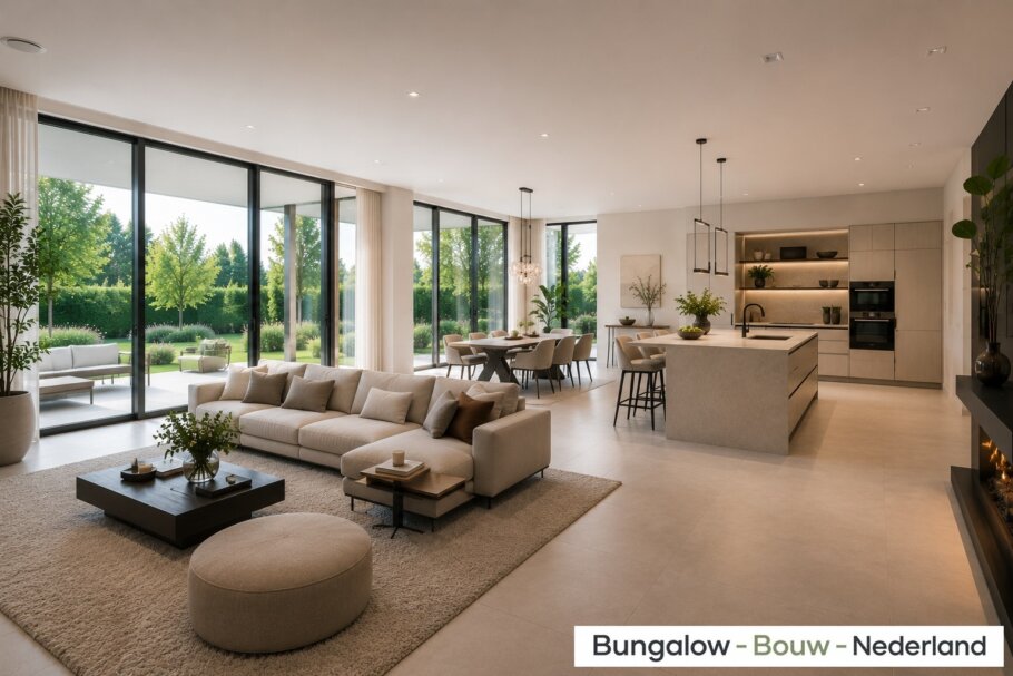 Modern interieur van kubistische woning H-257 met leefkeuken en grote glaspartijen