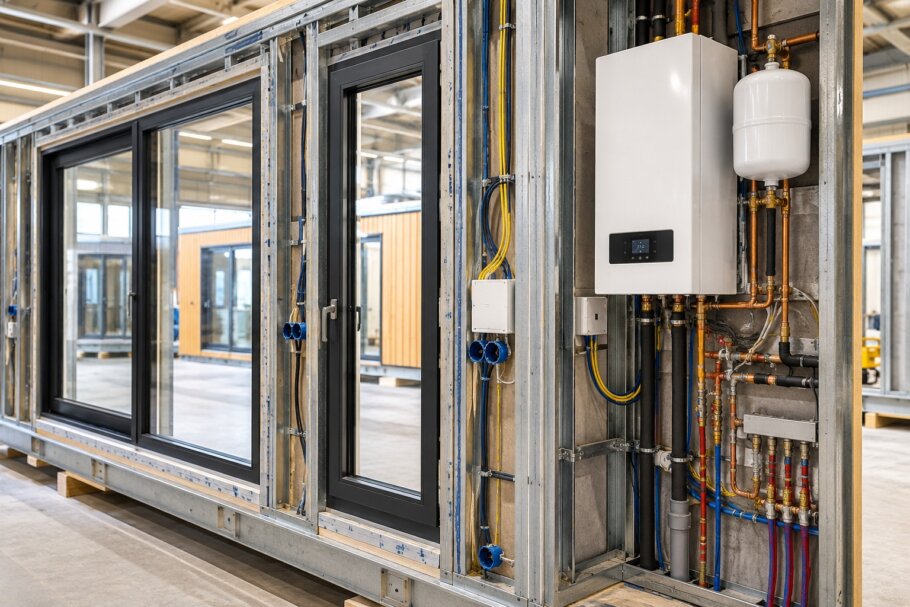Montage van kozijnen en installaties in een modulaire prefab staalframewoning