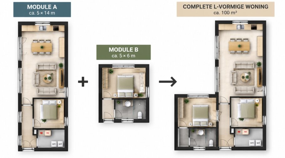 L-vormige modulaire woning van circa 100 m² opgebouwd uit twee prefab modules
