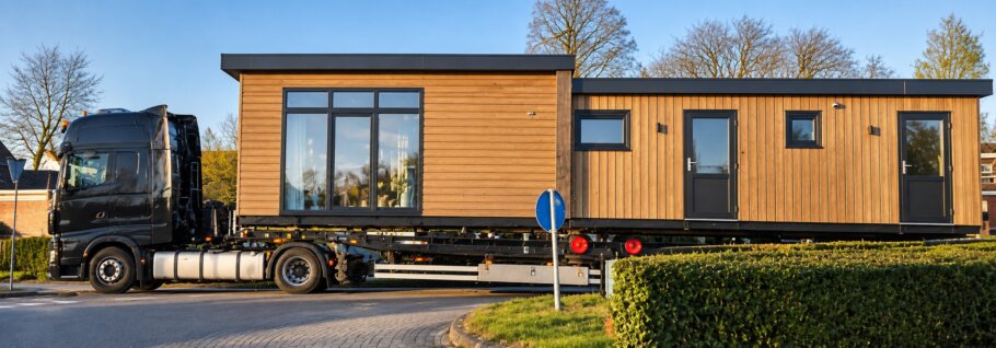 Complete modulaire prefab woning van Bungalow Bouw Nederland tijdens transport naar de bouwlocatie