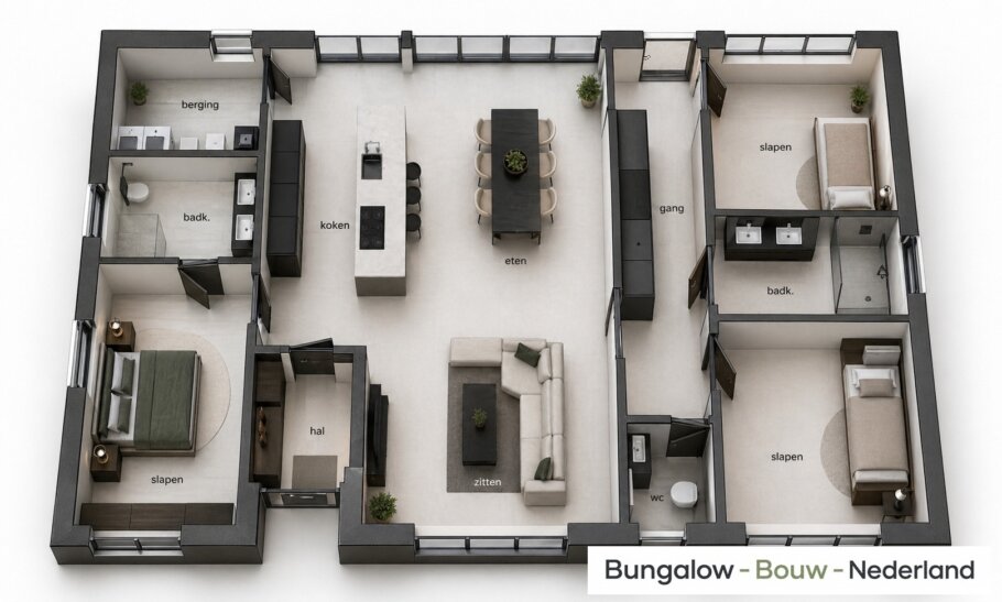 bekijk de plattegrond en indelingen L-198 moderne gelijkvloerse bungalow met plat dak