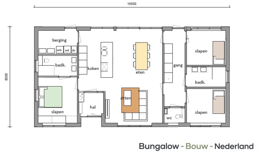 bekijk de plattegrond en indelingen L-198 moderne gelijkvloerse bungalow met plat dak