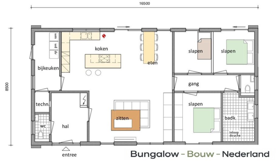 bekijk de plattegrond en indelingen L-198 moderne gelijkvloerse bungalow met plat dak