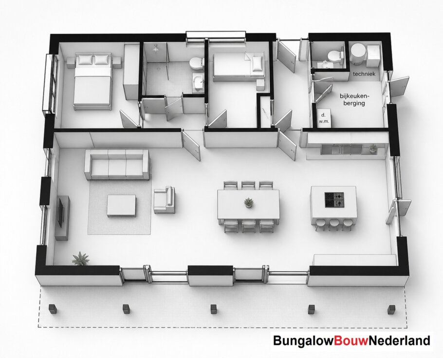 Moderne levensloopbestendige bungalow LK-136 met strakke architectuur, grote raampartijen en energiezuinige staalframebouw uitvoering