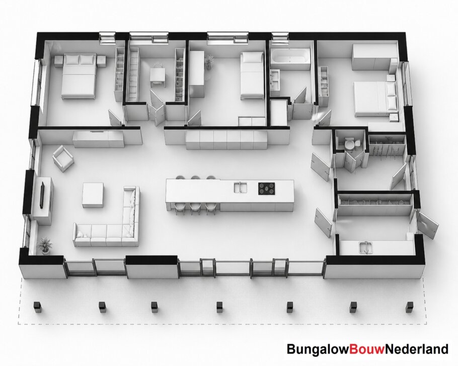 Moderne levensloopbestendige bungalow LK-136 met strakke architectuur, grote raampartijen en energiezuinige staalframebouw uitvoering