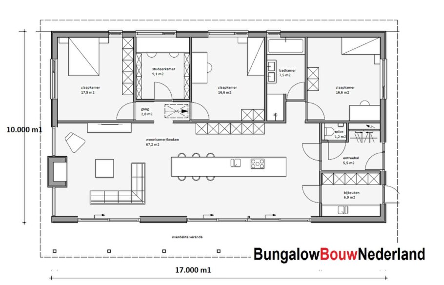 Moderne levensloopbestendige bungalow LK-136 met strakke architectuur, grote raampartijen en energiezuinige staalframebouw uitvoering