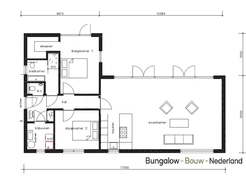 Indeling ruime gelijkvloerse bungalow L-162 met plat dak