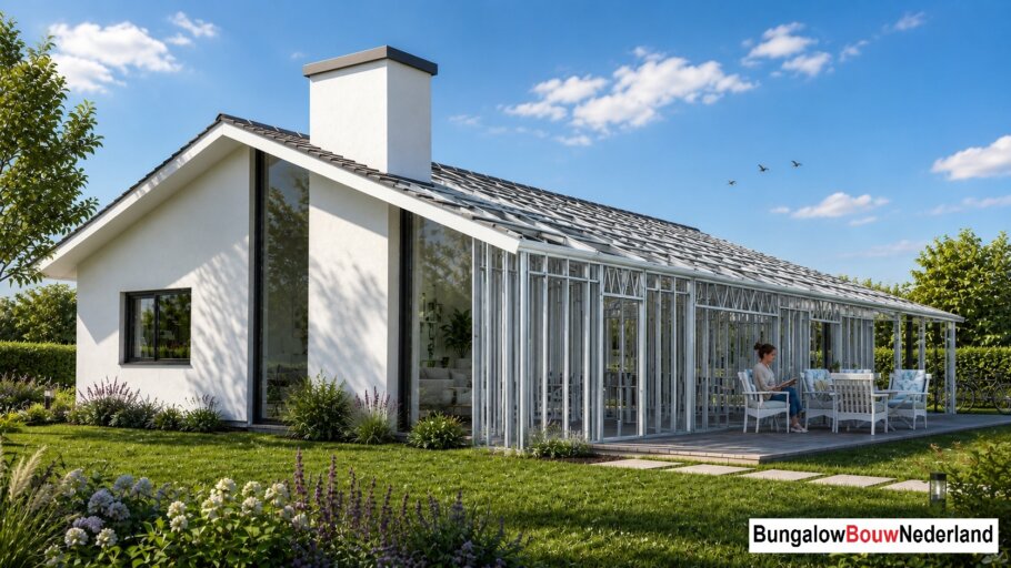 Moderne levensloopbestendige bungalow LK-136 met strakke architectuur, grote raampartijen en energiezuinige staalframebouw uitvoering