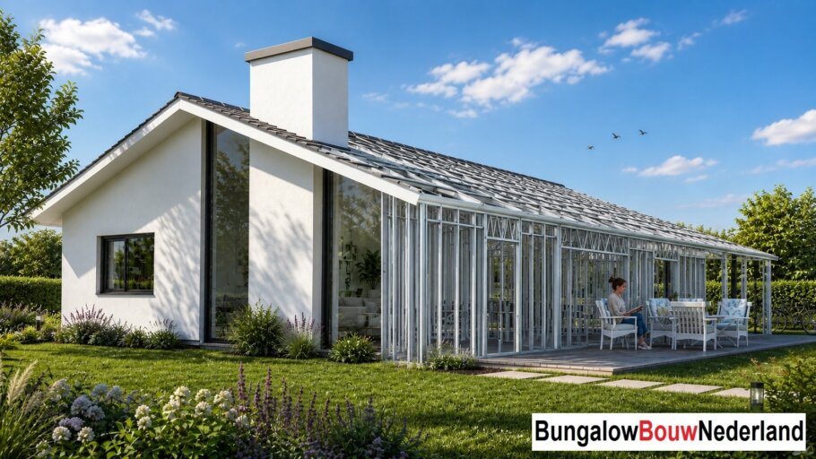 Moderne woning in staalframebouw waarbij de prefab staalconstructie vloeiend overgaat in de gerealiseerde luxe woning met moderne architectuur