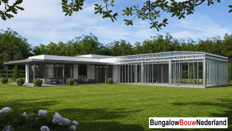 Moderne woning in staalframebouw waarbij de prefab staalconstructie vloeiend overgaat in de gerealiseerde luxe woning met moderne architectuur