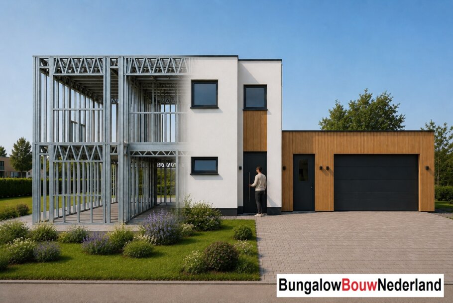 Moderne woning in staalframebouw waarbij de prefab staalconstructie vloeiend overgaat in de gerealiseerde luxe woning met moderne architectuur