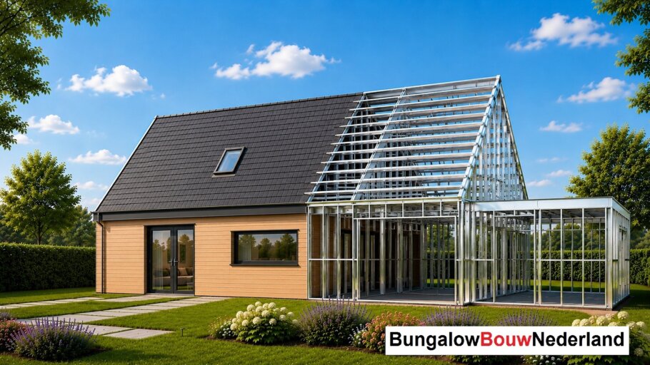 Moderne woning in staalframebouw waarbij de prefab staalconstructie vloeiend overgaat in de gerealiseerde luxe woning met moderne architectuur