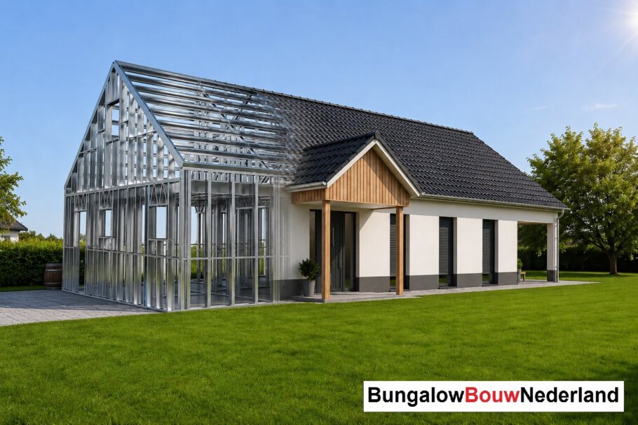 Moderne woning in staalframebouw waarbij de prefab staalconstructie vloeiend overgaat in de gerealiseerde luxe woning met moderne architectuur