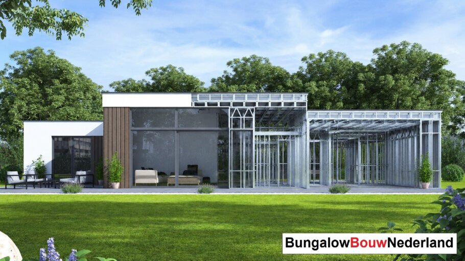 Moderne woning in staalframebouw waarbij de prefab staalconstructie vloeiend overgaat in de gerealiseerde luxe woning met moderne architectuur