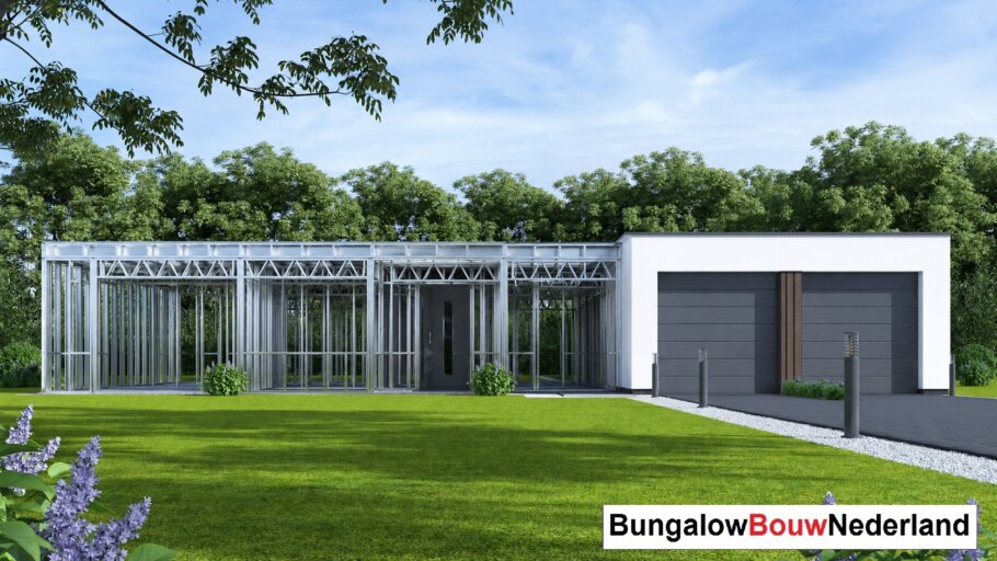 Moderne woning in staalframebouw waarbij de prefab staalconstructie vloeiend overgaat in de gerealiseerde luxe woning met moderne architectuur