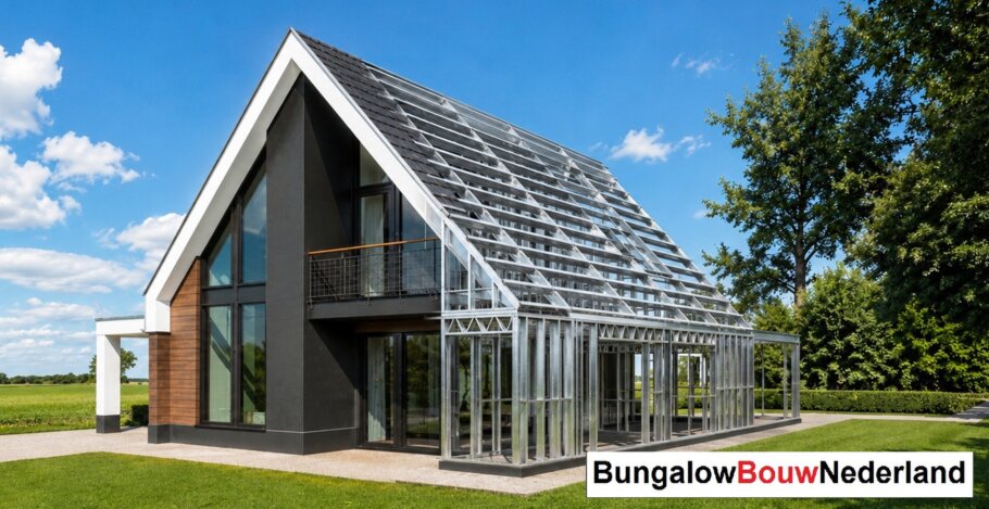 Moderne woning in staalframebouw waarbij de prefab staalconstructie vloeiend overgaat in de gerealiseerde luxe woning met moderne architectuur