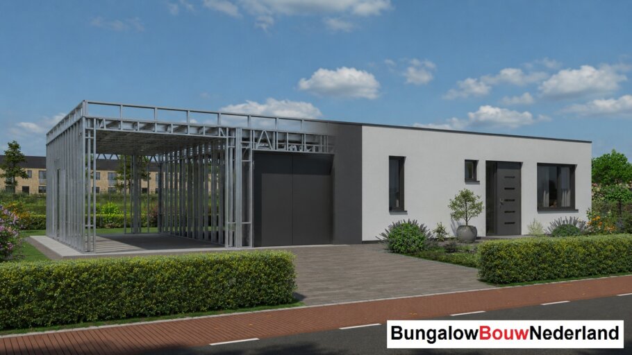 Moderne woning in staalframebouw waarbij de prefab staalconstructie vloeiend overgaat in de gerealiseerde luxe woning met moderne architectuur