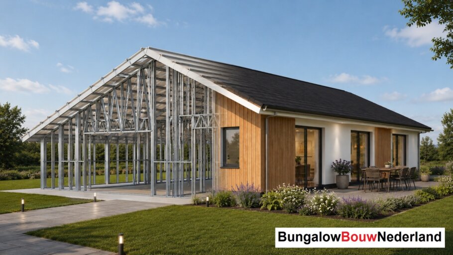 Moderne woning in staalframebouw waarbij de prefab staalconstructie vloeiend overgaat in de gerealiseerde luxe woning met moderne architectuur