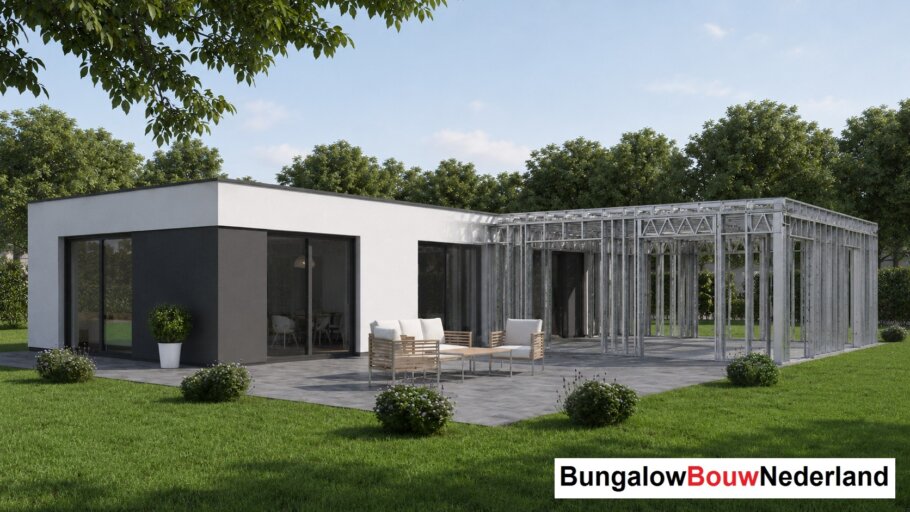 Moderne woning in staalframebouw waarbij de prefab staalconstructie vloeiend overgaat in de gerealiseerde luxe woning met moderne architectuur