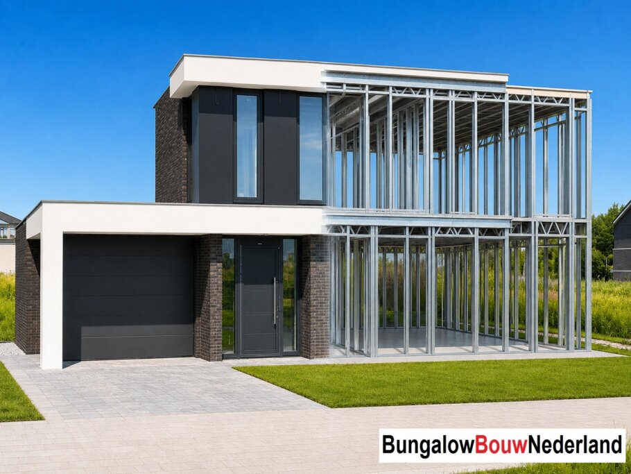 Moderne woning in staalframebouw waarbij de prefab staalconstructie vloeiend overgaat in de gerealiseerde luxe woning met moderne architectuur