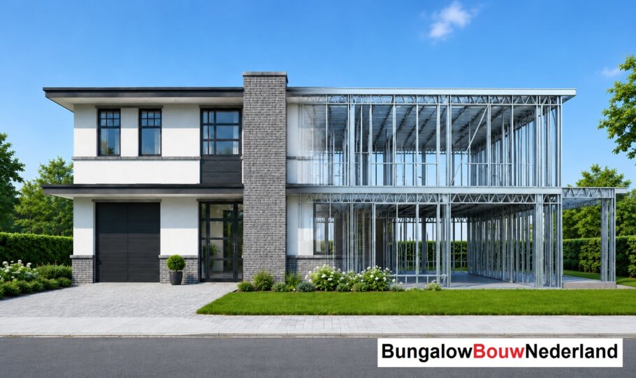Moderne woning in staalframebouw waarbij de prefab staalconstructie vloeiend overgaat in de gerealiseerde luxe woning met moderne architectuur
