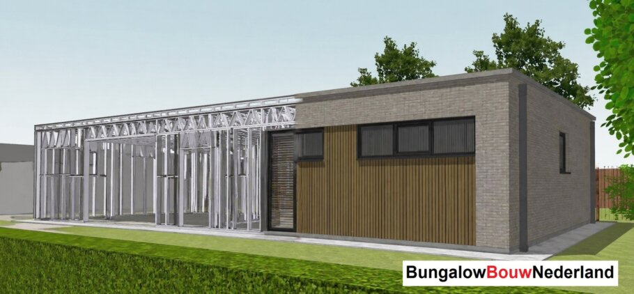 Moderne woning in staalframebouw waarbij de prefab staalconstructie vloeiend overgaat in de gerealiseerde luxe woning met moderne architectuur