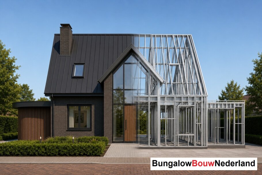 Moderne woning in staalframebouw waarbij de prefab staalconstructie vloeiend overgaat in de gerealiseerde luxe woning met moderne architectuur