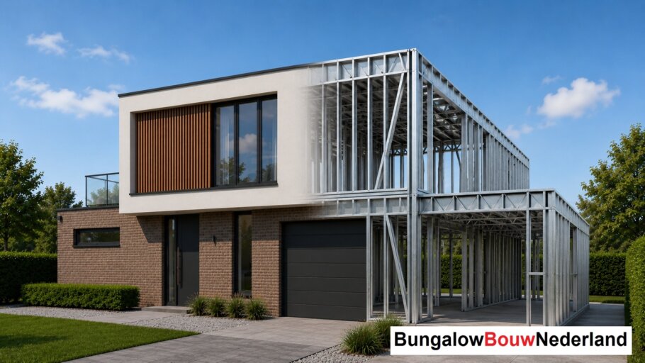 Moderne woning in staalframebouw waarbij de prefab staalconstructie vloeiend overgaat in de gerealiseerde luxe woning met moderne architectuur
