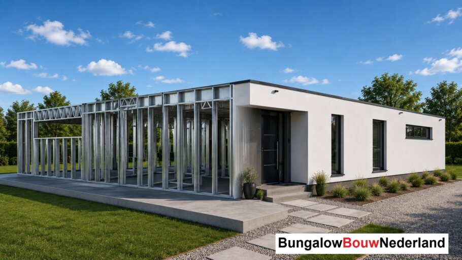 Moderne woning in staalframebouw waarbij de prefab staalconstructie vloeiend overgaat in de gerealiseerde luxe woning met moderne architectuur