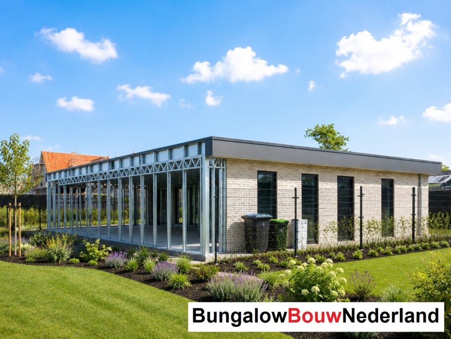 Moderne woning in staalframebouw waarbij de prefab staalconstructie vloeiend overgaat in de gerealiseerde luxe woning met moderne architectuur