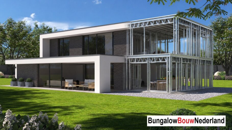 Moderne woning in staalframebouw waarbij de prefab staalconstructie vloeiend overgaat in de gerealiseerde luxe woning met moderne architectuur