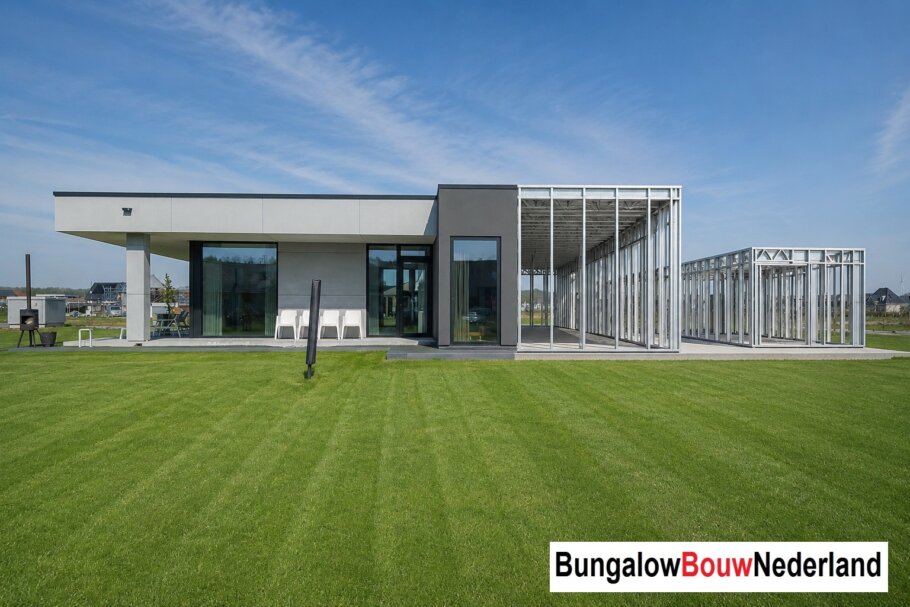 Moderne woning in staalframebouw waarbij de prefab staalconstructie vloeiend overgaat in de gerealiseerde luxe woning met moderne architectuur