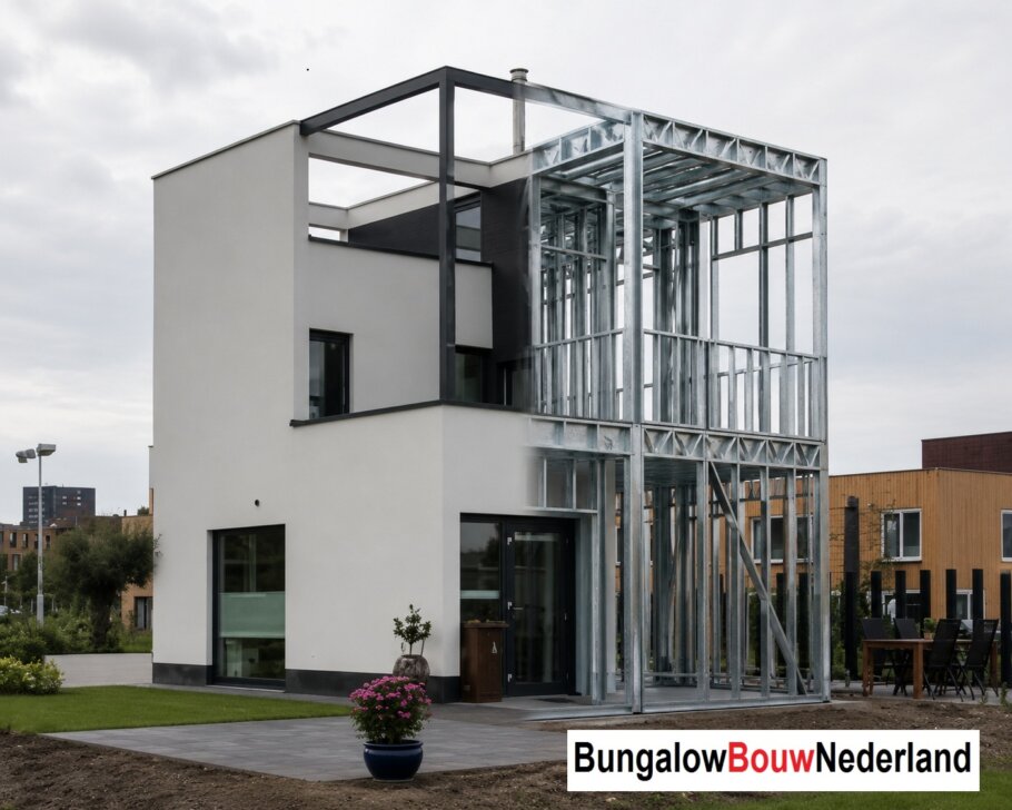 Moderne woning in staalframebouw waarbij de prefab staalconstructie vloeiend overgaat in de gerealiseerde luxe woning met moderne architectuur