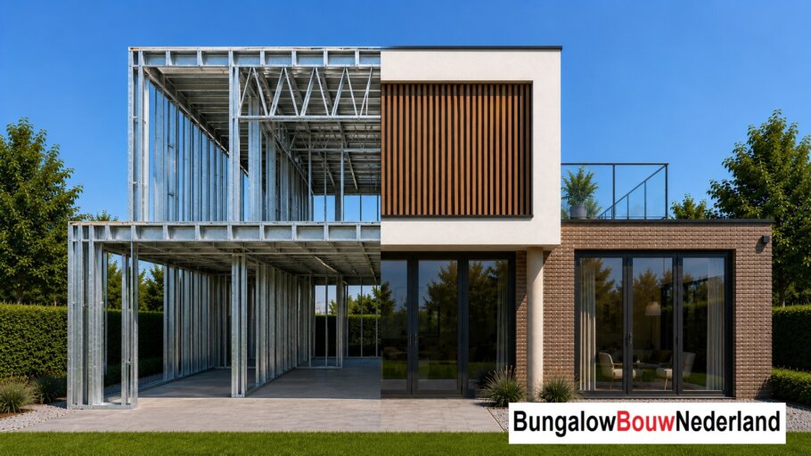 Moderne woning in staalframebouw waarbij de prefab staalconstructie vloeiend overgaat in de gerealiseerde luxe woning met moderne architectuur