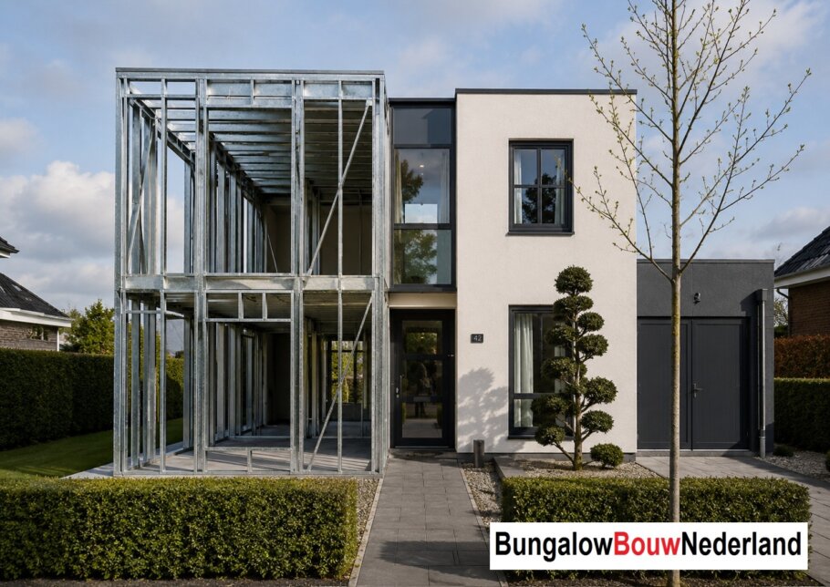 Moderne woning in staalframebouw waarbij de prefab staalconstructie vloeiend overgaat in de gerealiseerde luxe woning met moderne architectuur